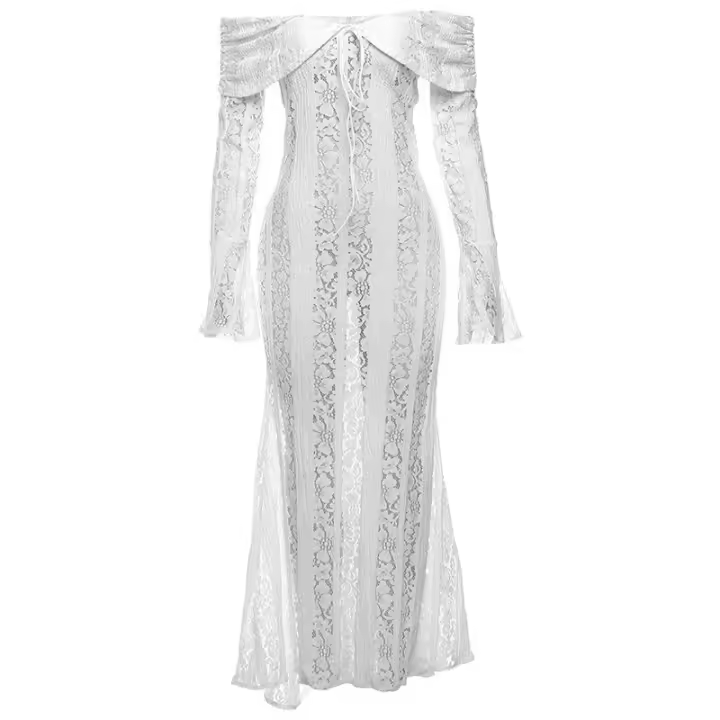BUNO-Oligai elegante vestido ajustado con hombros descubiertos 2025 nuevo en blanco vestido largo de encaje con mangas acampanadas vestido de invitados de boda para mujer - 1