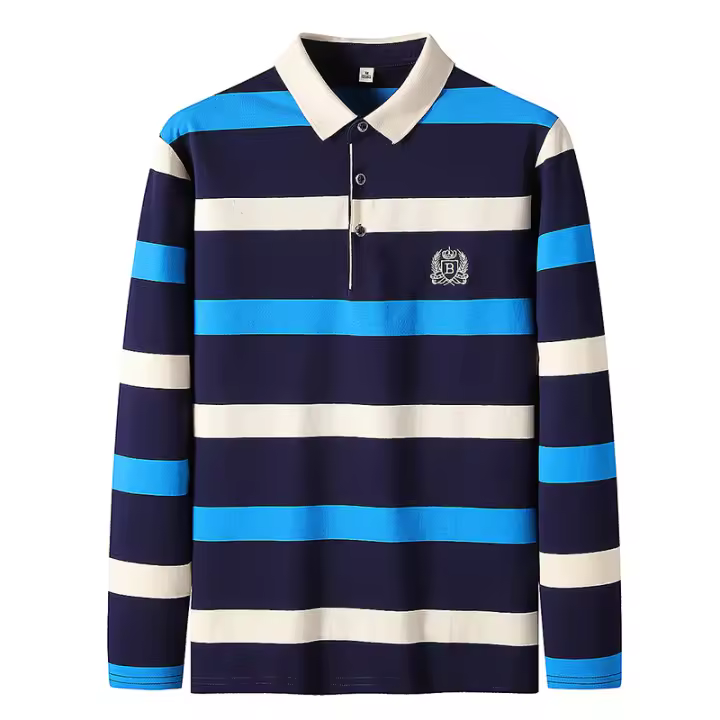 Polo de manga larga para hombre, camiseta informal de algodón con bordado a rayas, a la moda, novedad de primavera, 2024 - 1