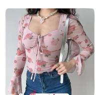 Camisetas de Vacaciones Dulces Florales Blusa de Oficina de Gasa con Cordones y Manga Campanada - details 6
