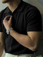 Camiseta con cuello de punto de color liso para hombre, informal, a la moda, retro, verano - details 9