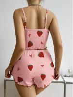 Conjunto estampado de amor de fresa europeo y americano, conjunto de pantalones cortos con tirantes para mujer, conjunto de dos piezas, dulce y lindo - details 5
