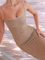 Nuevo vestido largo informal de punto con lentejuelas y tirantes para mujer, entallado a la cintura. - details 0