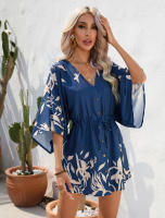 Mini Vestido de playa bohemio para mujer, vestidos informales con estampado Floral, pantalones cortos Dolman, manga azul profunda S - details 5