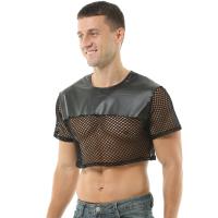 Tops cortos sexys para hombre Lencería de malla de cuero PU Mini chaleco Manga corta Muscle Clubwear Sujetadores Traje erótico Cuello en O - details 4