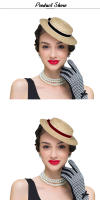Sombrero de paja de ala corta Retro para mujer, elegante sombrero de copa para fiesta de té y boda con cinta de ganchillo, gorro de viaje de verano para mujer - details 0