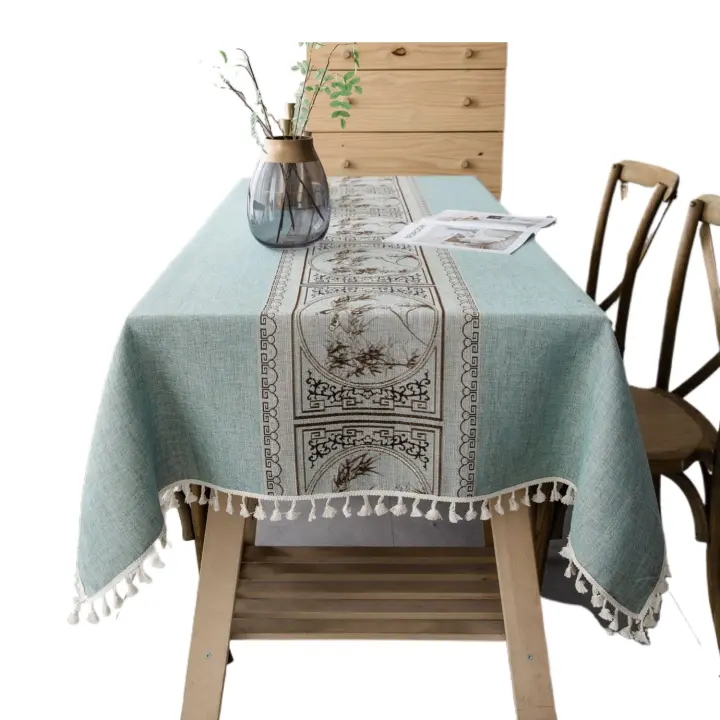 Mantel Elegante de Algodón Lino para Mesa Cuadrada Antimanchas con Bordado Impreso Decorativo para Reuniones Familiares en Cocina - 1