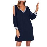 Vestido De Mujer Para Fiesta Noche V-Neck Con Lentejuelas Y Hombros Fríos Vestido Casual De Color Sólido Largo De Rodilla - details 27