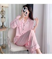 Conjunto de pijama para mujer, pijama de manga larga de satén de seda sintética a rayas estampadas de 2 piezas, decoración del hogar para primavera y otoño - details 4