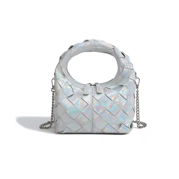 Bolso de Mano Tejido a Mano para Mujeres Lujo Ligero de Verano Blanco con Cuello Dorado - 1
