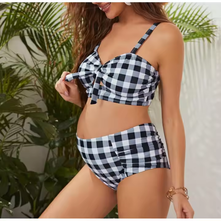 Nuevo traje de baño de dos piezas de maternidad traje de baño Sexy de cintura a cuadros para mujer - 1