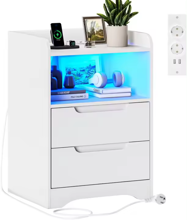 Mesa de Noche con Luces LED y Carga 2 Mesas AC, 2 Puertos USB Design Abierto y Cajones para Dormitorio Salón - 1