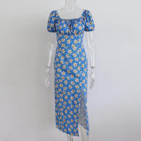 Vestido de mujer, novedad de verano 2025, vacaciones, pausa para el té, cuello cuadrado, falda de longitud media, mangas de burbuja, vestido con abertura Floral francés - details 7
