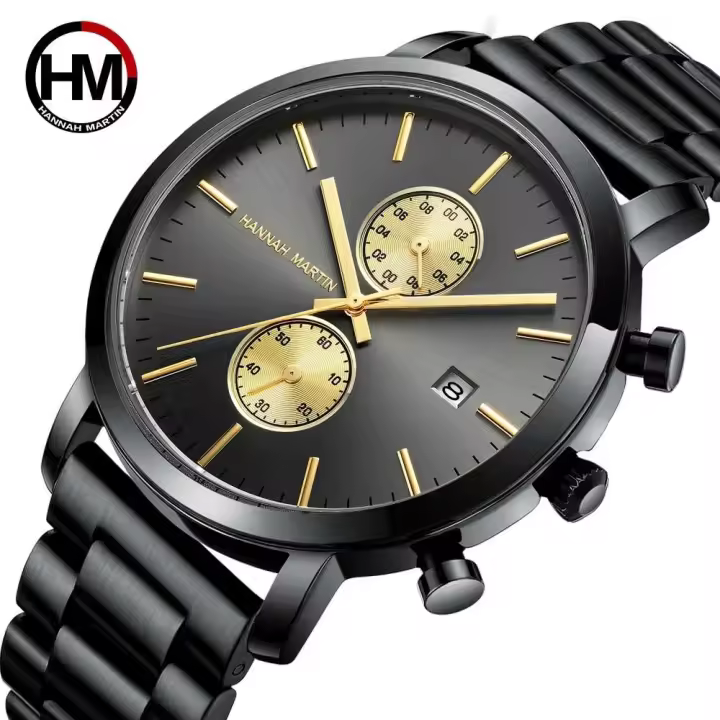 Reloj deportivo de acero inoxidable para hombre de lujo premium, 44,5 mm, multifuncional, moda, oro, negro, negocios, 3 bar, resistente al agua, reloj de pulsera de cuarzo para hombre - 1
