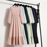 Vestido largo ajustado a la cintura con jersey de manga larga de color liso para mujer - details 0