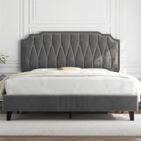 Marco de cama con cabecera tapizada, altura ajustable, soporte de láminas de madera y patas metálicas, color gris oscuro. - details 33