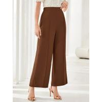 Pantalones de vestir coreanos elásticos cómodos y elegantes de cintura alta anchos de pierna recta marrón para mujer - details 3