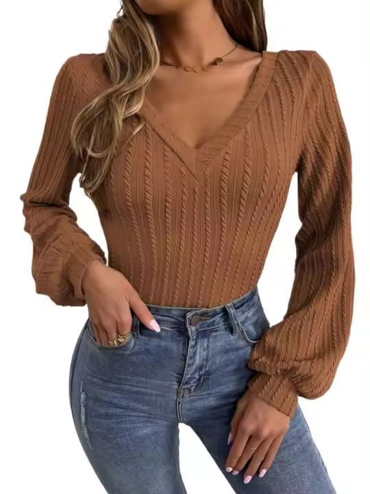 Tops mujer con cuello en V, camiseta manga abombada punto nuevo color caqui para mujer, ropa de moda japonesa. - 1