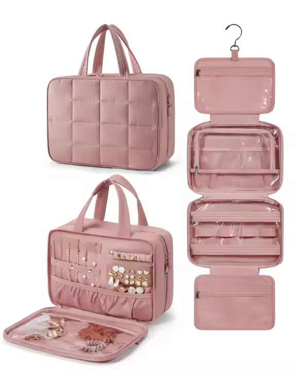 Bolsa de aseo colgante, bolsa de cosméticos de maquillaje de viaje grande con compartimento organizador de joyas - 1