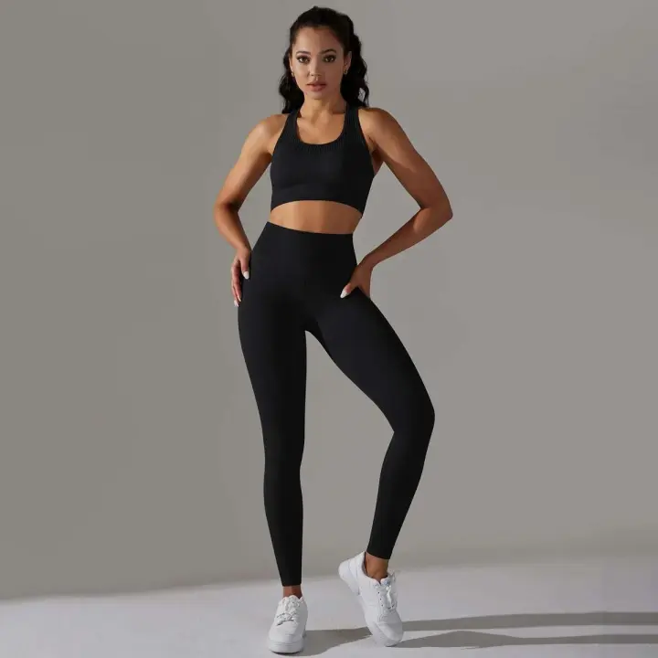 Conjunto de Yoga sin Costuras Ropa De Gimnasio Comodable para Mujeres Sujetador de Entrenamiento de Cintura Alta Zapatillas de Correr de Malla - 1