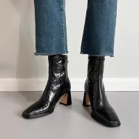 Piel de oveja completa rayada a mano nueva cabeza cuadrada tacones altos franceses delgados - details 5