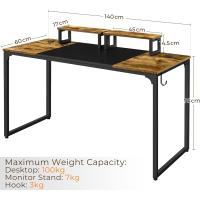 Mesa Escritorio con Soporte Monitor Mesa de Ordenador de Estilo Industrial Mesa Oficina Estudio con 2 Ojales para Cables/Gancho Marrón Rústico 140x60x89cm - details 2