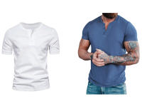 Camiseta de manga corta Henley para hombre, ropa informal de algodón, color blanco, azul vaquero, M-6XL, paquete de 2 - details 1