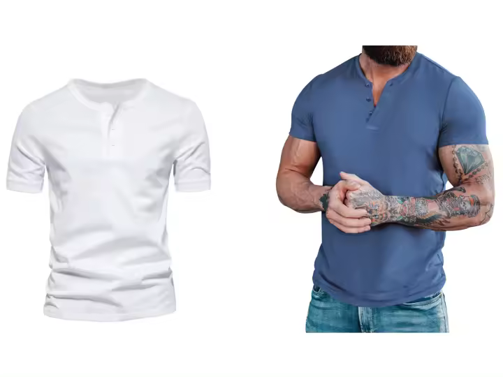 Camiseta de manga corta Henley para hombre, ropa informal de algodón, color blanco, azul vaquero, M-6XL, paquete de 2 - 1