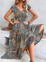 Vestido largo bohemio con cuello en V para mujer con vestido de péndulo con estampado floral en la cintura - details 1