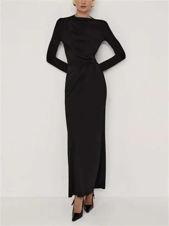 Tossy plisado ajustado moda Maxi para mujer elegante cintura alta manga vendaje otoño señoras Patchwork vestido largo - 1