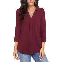 Camisa de Mujer 2025 Elegante Chifón, Cuello en V, Manga 3/4, Estilo Europeo, Tejido Transpirable - Moda de Oficina y Casual - details 4