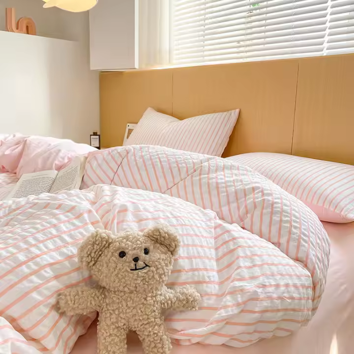 Juego de cama de tres piezas Juego de cuatro piezas Gasa de doble capa de algodón lavado a rayas - 1