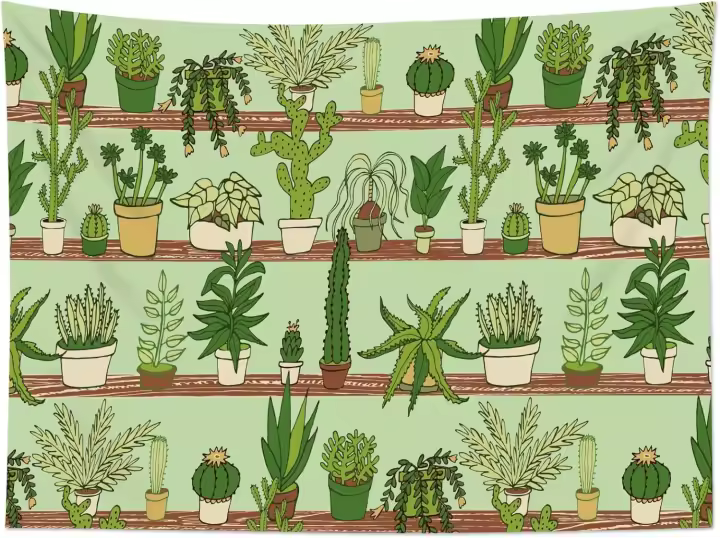 Tapiz de Cactus Plantas Suculentas Tropicales de Desierto en Estante de Madera - 1