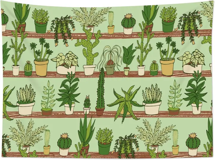Tapiz de Cactus Plantas Suculentas Tropicales de Desierto en Estante de Madera - 1