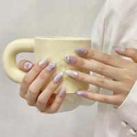 Uñas Postizas Cortas Redondas De Terciopelo Morado Y Blanco Con Diseño 3D De Cisne Para Mujeres Y Niñas Estilo Lady Con Ojos De Gato - details 0