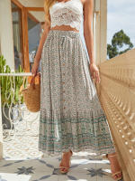 Faldas florales Bohemias de verano para mujer, cintura elástica, corte en A, falda Maxi con abertura, estampado verde S - details 4