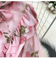 Elegante vestido midi de manga larga con corte en A y falda plisada, cintura ceñida, dobladillo de gasa, estampado floral coreano Sle Commute - details 5