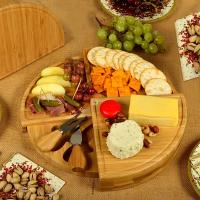 Juego de tabla y cuchillos para queso de bambú: ideal para entretenimiento, fiestas y regalos |   Incluye tabla de cortar redonda de madera con queso variado, frutas y snacks. |   Ideal para bodas, despedidas de soltera y regalos de inauguración de la cas - details 0