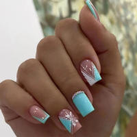 Kit de Uñas Artificiales Medio con Cubierta Completa Arte de Uñas Azul Verde con Pegamento - details 6