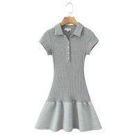 Vestido de tenis de punto americano nuevo de otoño para mujer, vestido corto de manga corta con cuello de solapa, mini vestido gris ajustado para mujer - details 0