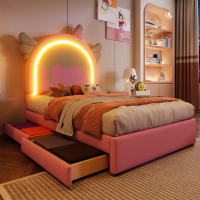 Cama tapizada, 90 x 200 cm, sin colchón, con tira de luz, cama con 2 cajones, forma unicornio, PU, rosa - details 3