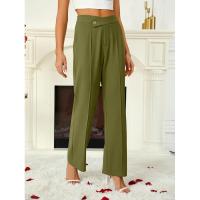 Acampanado para mujer, botones cruzados lisos, pierna recta, cintura alta, pantalones casuales de algodón elástico cómodo - details 11