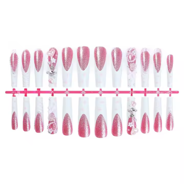 Uñas extra largas lados franceses uñas de uñas hechas a mano diamantes corazones perlas accesorios piezas de uñas de alta calidad - 1