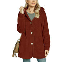 Chaqueta casual con botones de bolsillo y capucha polar para mujer - details 12
