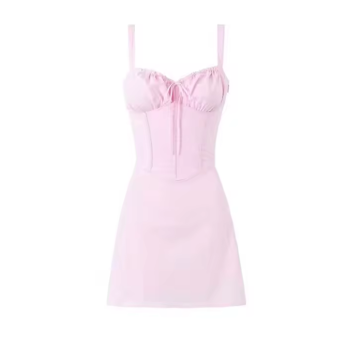 Vestido corto de algodón para mujer, minivestido con cordones en la espalda, rosa, para fiesta y verano, espalda, rosa, - 1
