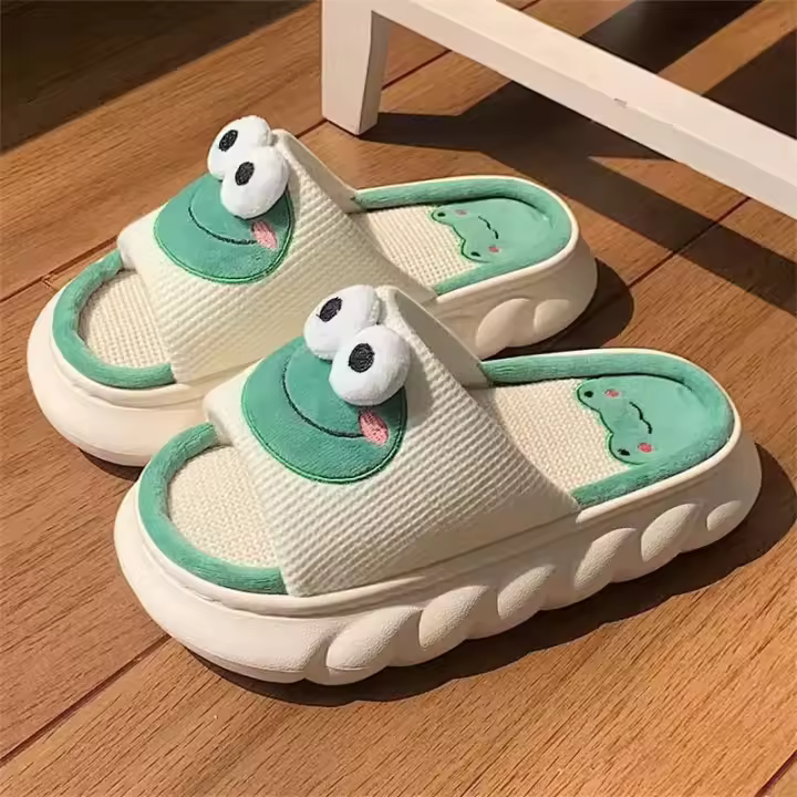 Zapatillas suaves de lino para mujer con suela gruesa, antideslizantes, diseño de rana para todas las estaciones - 1