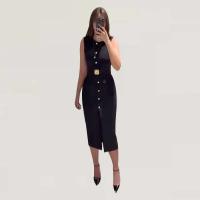 Vestidos elegantes lisos de un solo pecho con cuello redondo sin mangas y bolsillos vestido a media pierna ajustado para oficina para mujer verano 2025 - details 8