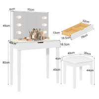 Schminktisch mit Spiegel, Schminkhocker, Schminktisch-Set mit 6 Glühbirnen, weiß - details 0