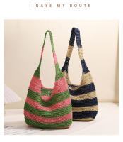 Bolso de Paja de Gran Capacidad a Rayas, Bolso de Paja Hecho a Mano, Bolso Tejido, Bolso de Playa para Vacaciones - details 0