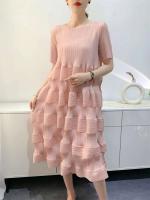 Miyake-vestido plisado para mujer, nuevo diseño de moda, Color sólido, holgado, talla grande, cintura alta, falda empalmada con pastel, primavera 2024 - details 1