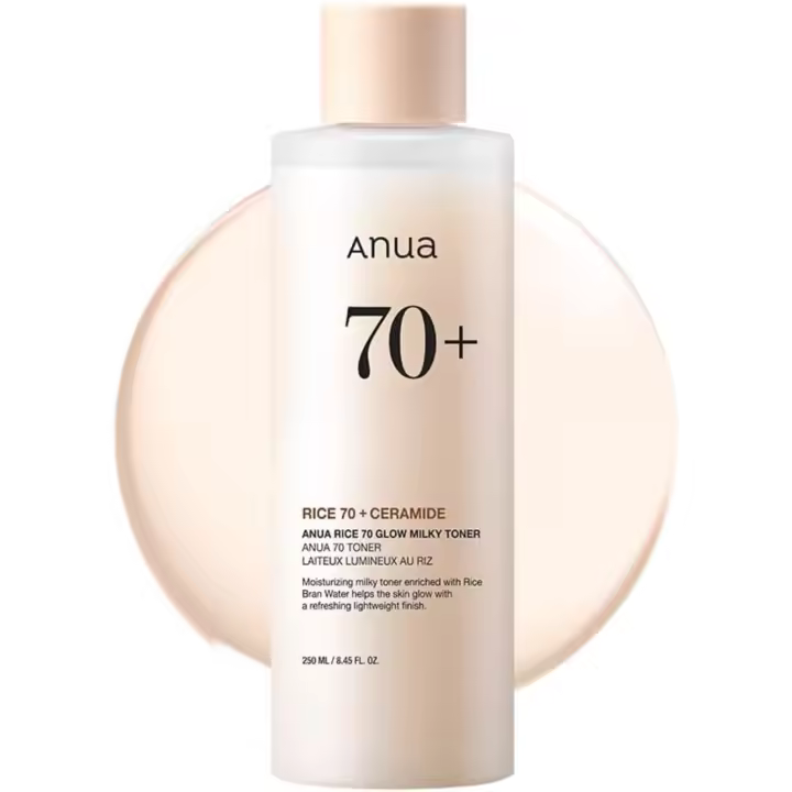 ANUA Rice 70 Glow Milky Toner, para piel de cristal, agua de arroz, niacinamida, ceramidas, pantenol, sin fragancia, no comedogénico, seguro para el acné fúngico, cuidado de la piel coreano, 250 ml/8.45 fl.oz. - 1